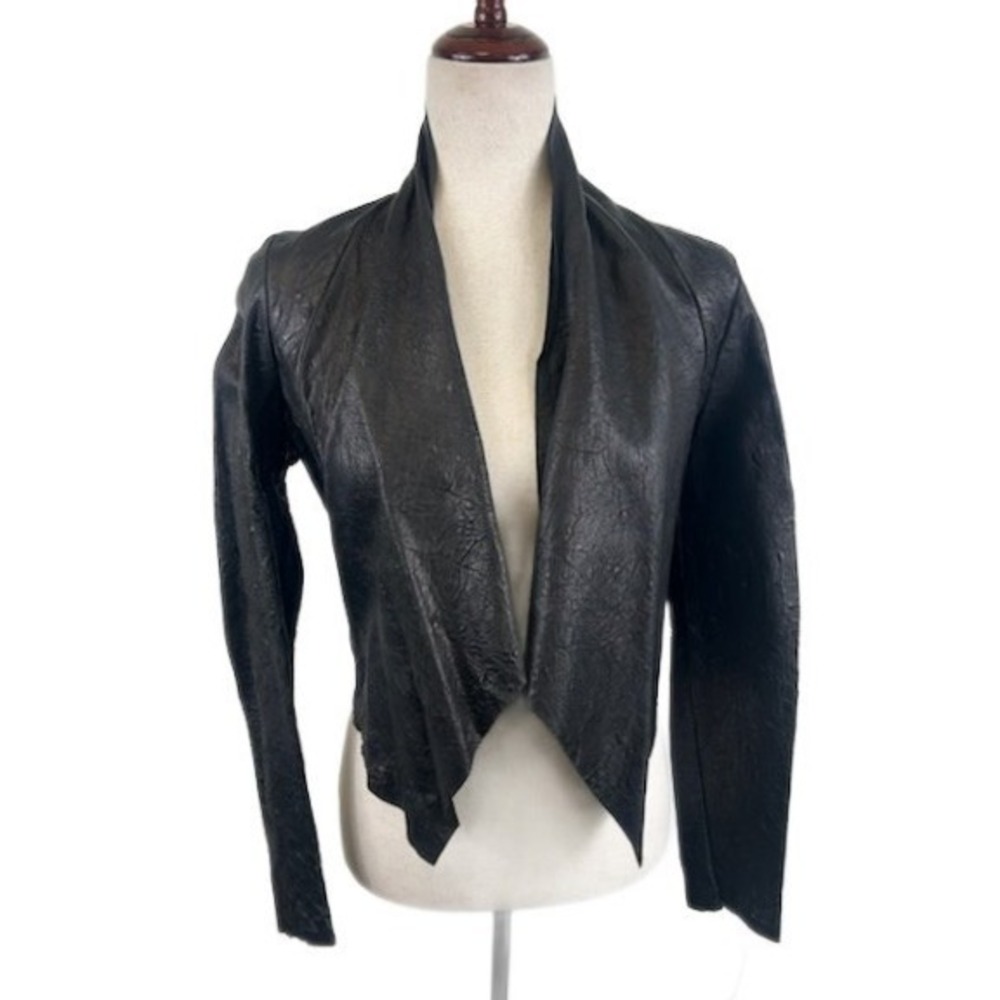 Shelley Caudill Leather Jacket Women's Size Small Black Open Drape Front Vintage